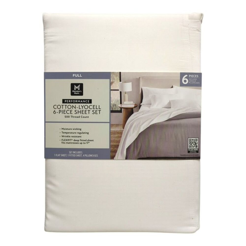Member's Mark Performance 6 Piece Cotton-Lyocell Sheet Set, Full - Arctic White